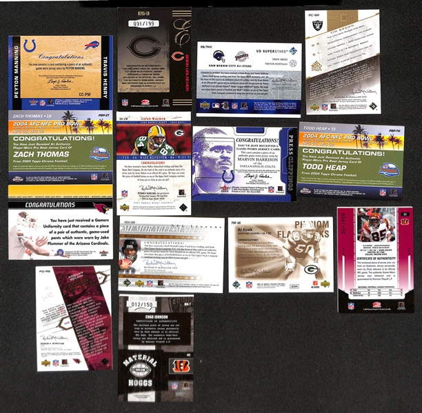 Lot of 50 Certified Football Relic Cards (Mostly Game-Worn Jersey Cards) w/ P. Manning, Brees, Urlacher, T. Brown, ...